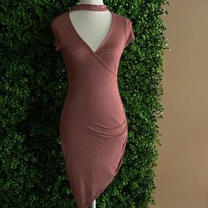 Asymmetrical hem, short sleeve, wrap v-neck rose colored dress